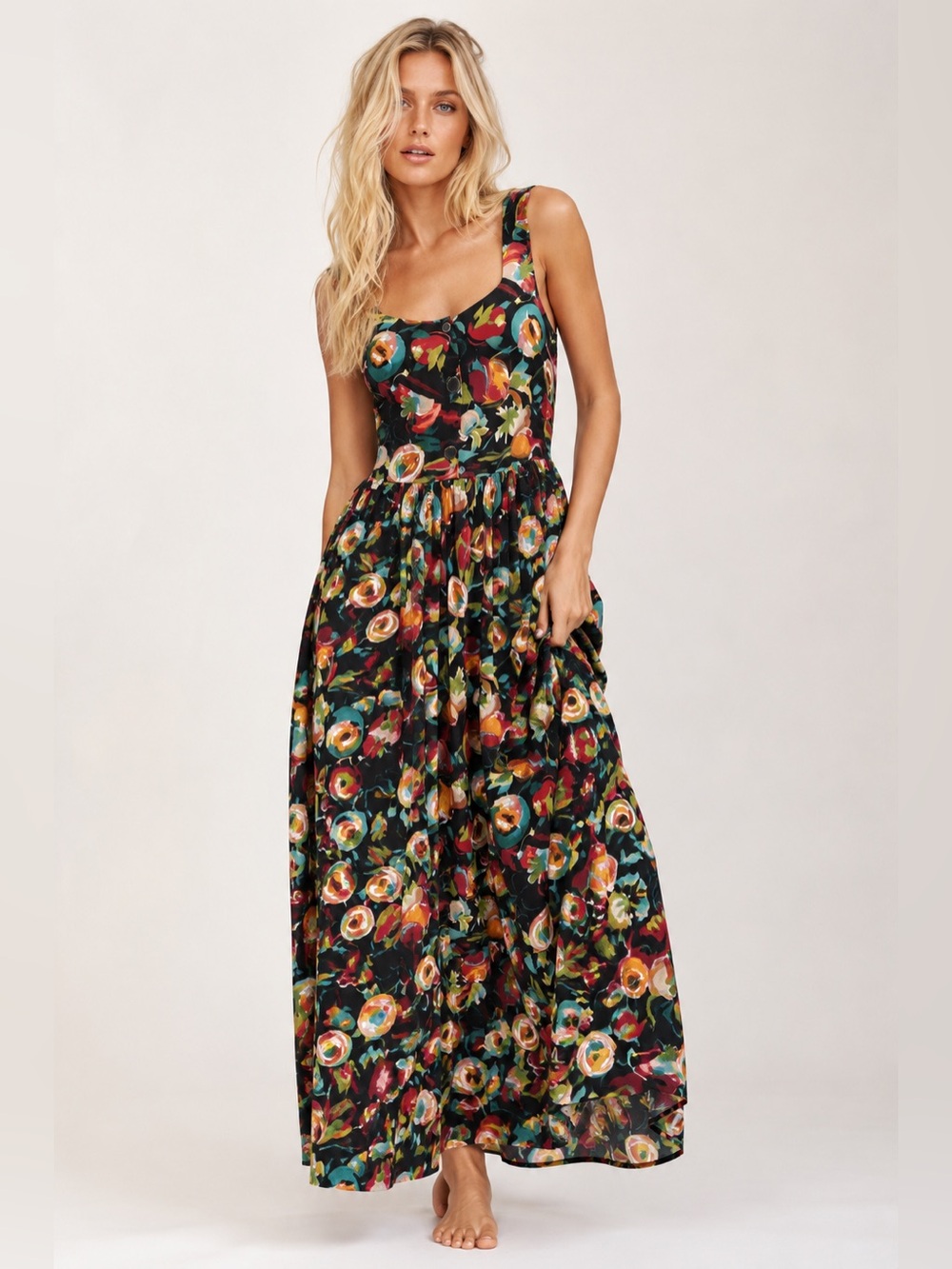 Vintage Fruit Print Maxi Dress Circles In Sand Bold Eclectic Coastal Resort Vaca
